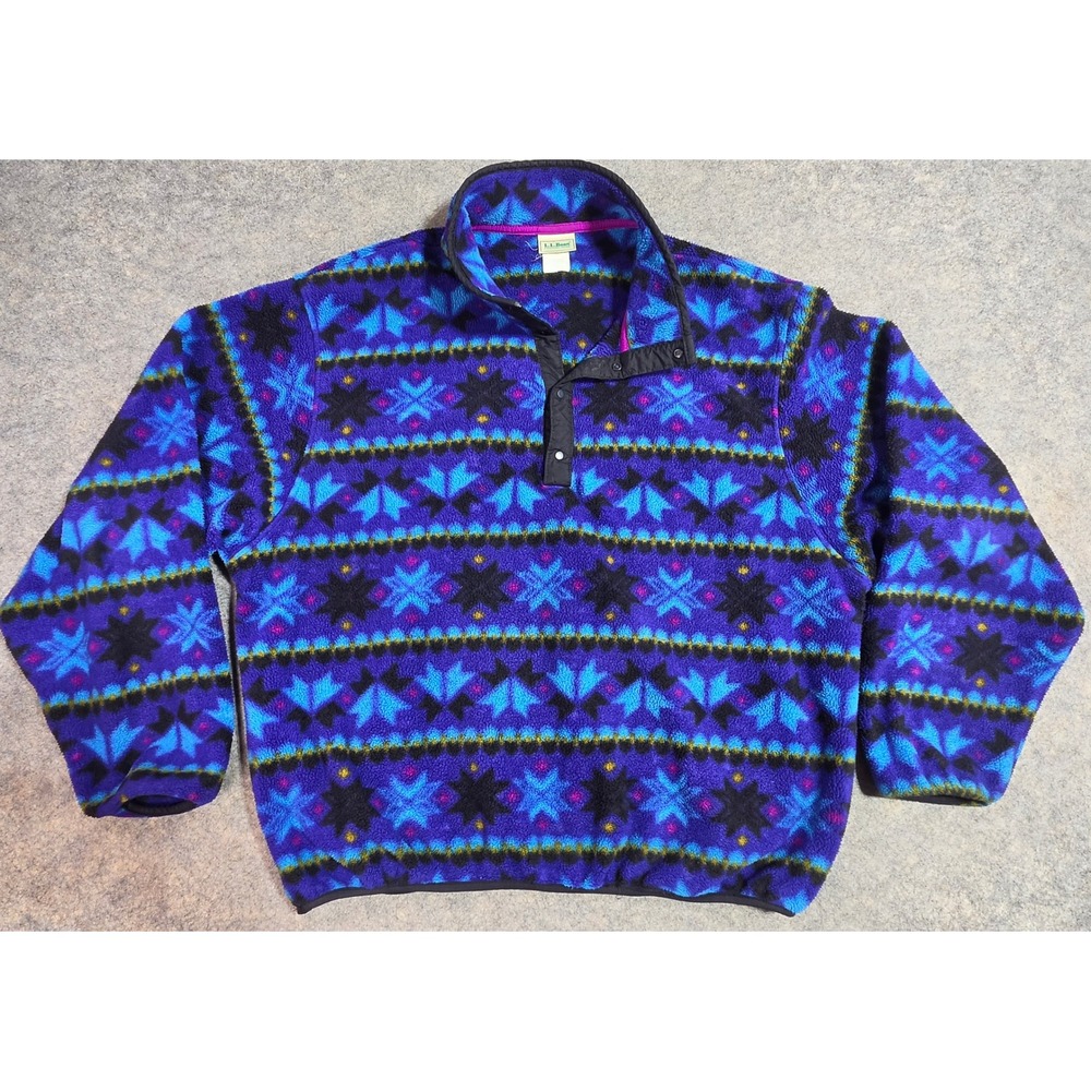 LL Bean Vintage Fleece Pullover Snap T Blue Purple Geometric Fair Isle Size XL